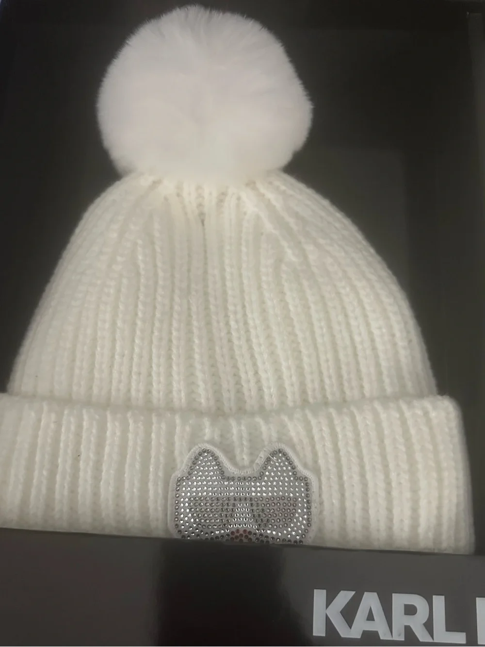 Karl Lagerfeld Cream Knit Pom Hat and Scarf Set